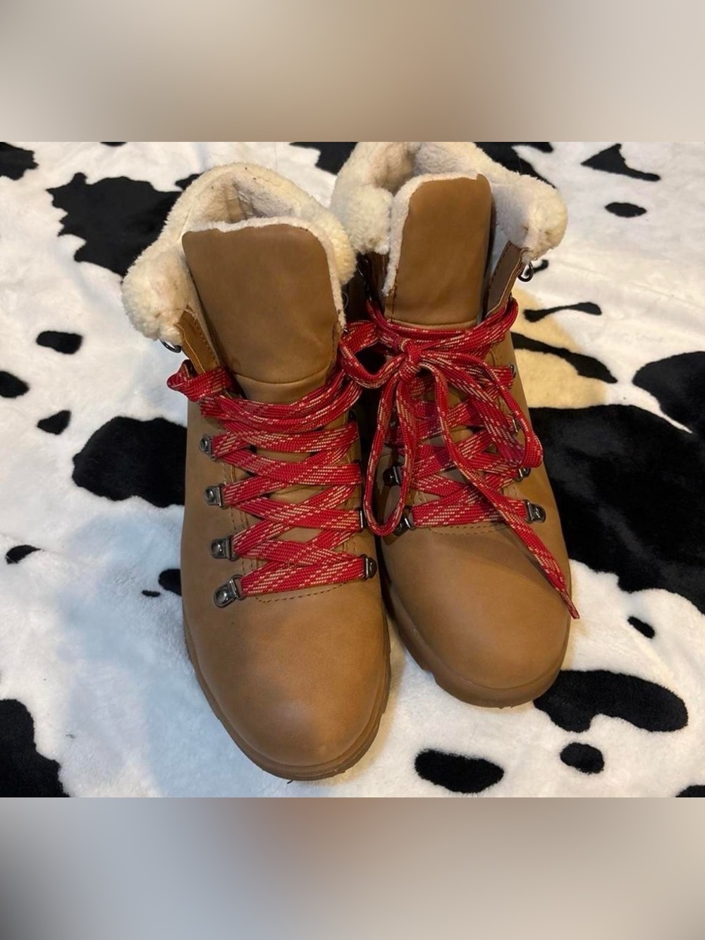 Time and Tru Tan Lace-Up Faux Shearling Boots with Red Laces